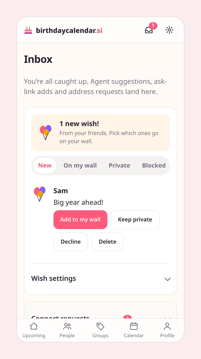 Inbox with a new greeting waiting, and buttons to add it to the wall, keep it private, decline or delete
